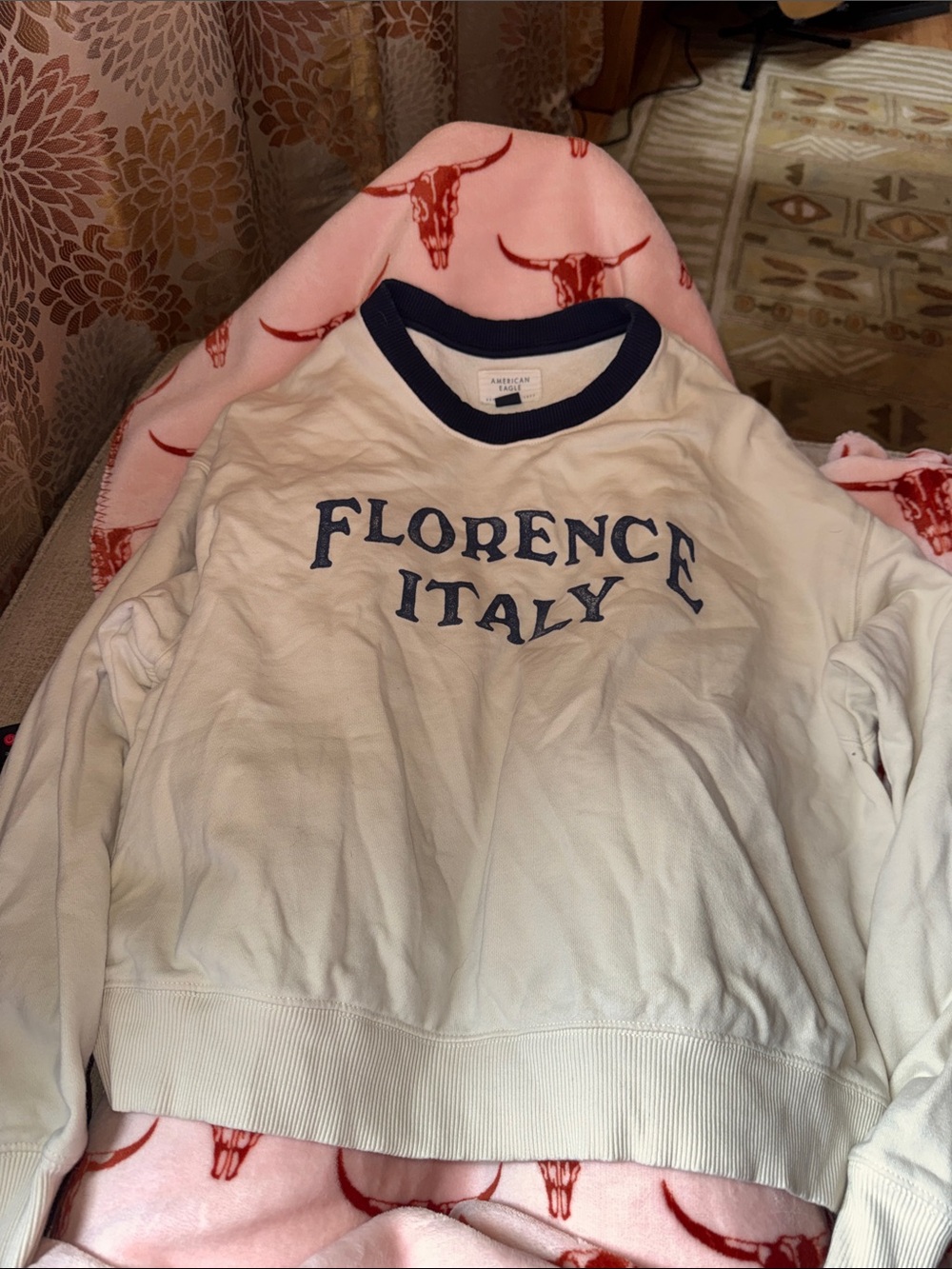 American Eagle Cream Sweatshirt with Navy Accents
